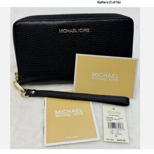 Michael Kors Jet Set Travel Phone Slot Wristlet Leather Wallet with Gold Accent